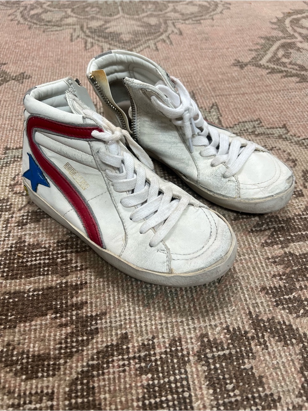 Golden Goose Kids White High Top Sneakers Blue Star Side Zip Well Loved